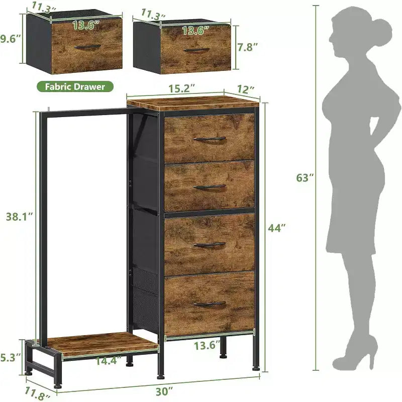 con asta appendiabiti, 4 cassetti Piccolo armadio per camera da letto, Comodino per bambini reversibile in tessuto con appendiabiti, Torre contenitore alta, 112 cm di altezza