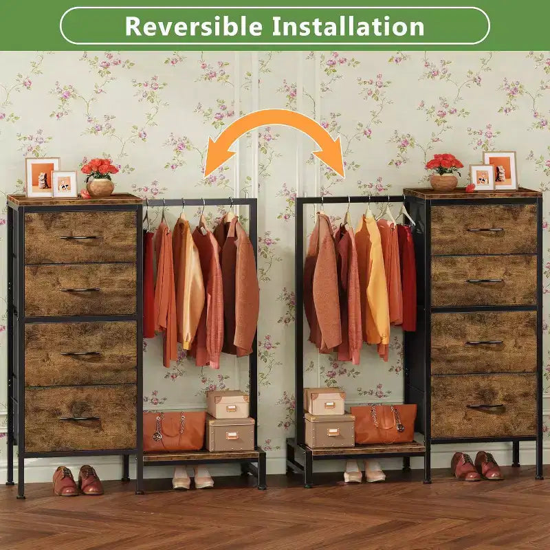 con asta appendiabiti, 4 cassetti Piccolo armadio per camera da letto, Comodino per bambini reversibile in tessuto con appendiabiti, Torre contenitore alta, 112 cm di altezza