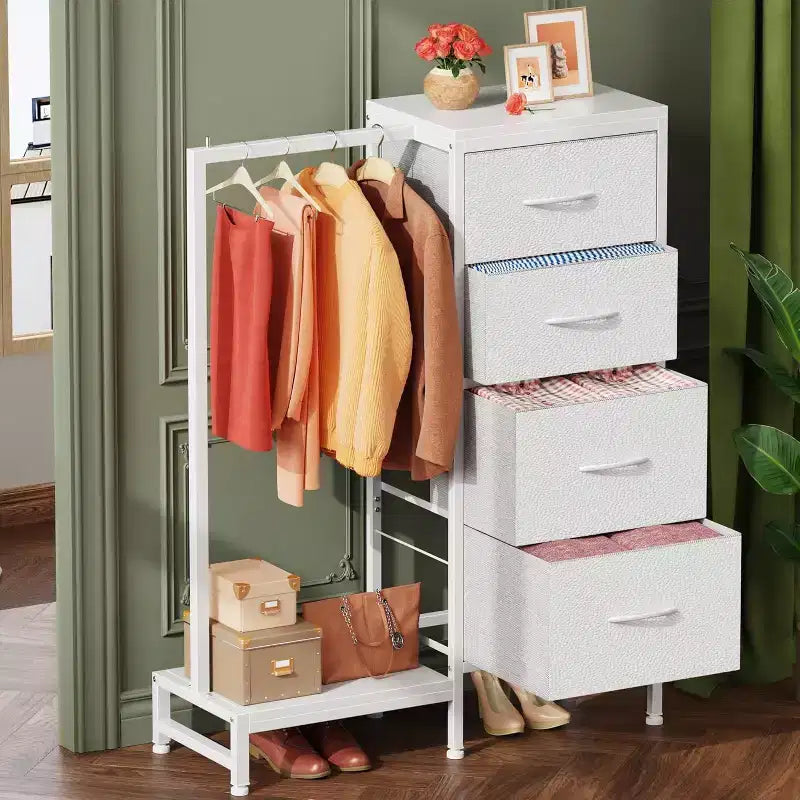 con asta appendiabiti, 4 cassetti Piccolo armadio per camera da letto, Comodino per bambini reversibile in tessuto con appendiabiti, Torre contenitore alta, 112 cm di altezza