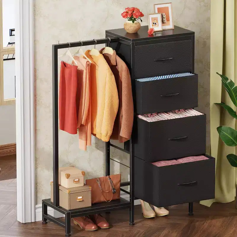 con asta appendiabiti, 4 cassetti Piccolo armadio per camera da letto, Comodino per bambini reversibile in tessuto con appendiabiti, Torre contenitore alta, 112 cm di altezza