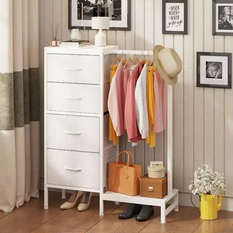 con asta appendiabiti, 4 cassetti Piccolo armadio per camera da letto, Comodino per bambini reversibile in tessuto con appendiabiti, Torre contenitore alta, 112 cm di altezza
