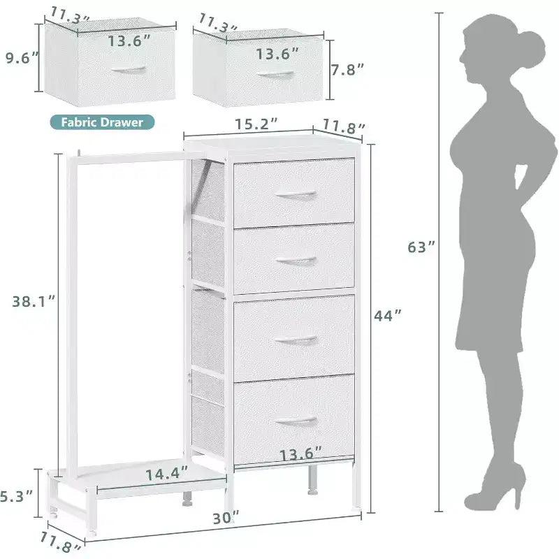 con asta appendiabiti, 4 cassetti Piccolo armadio per camera da letto, Comodino per bambini reversibile in tessuto con appendiabiti, Torre contenitore alta, 112 cm di altezza
