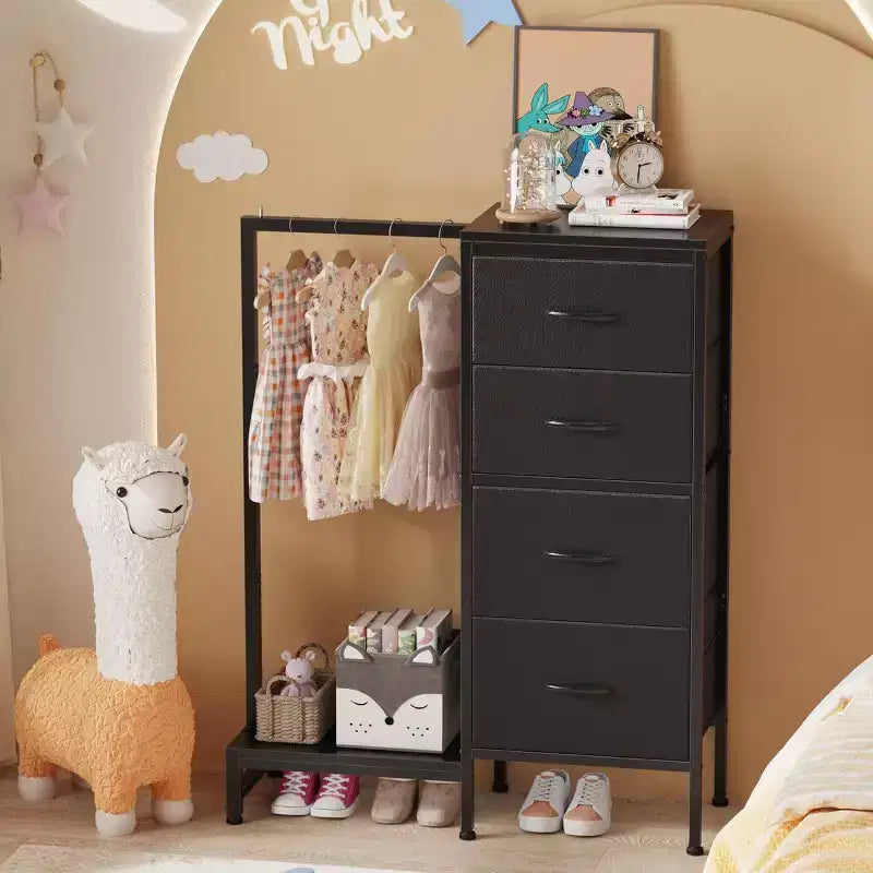 con asta appendiabiti, 4 cassetti Piccolo armadio per camera da letto, Comodino per bambini reversibile in tessuto con appendiabiti, Torre contenitore alta, 112 cm di altezza