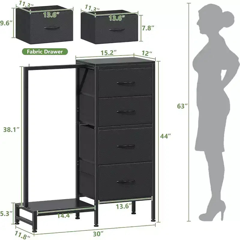 con asta appendiabiti, 4 cassetti Piccolo armadio per camera da letto, Comodino per bambini reversibile in tessuto con appendiabiti, Torre contenitore alta, 112 cm di altezza