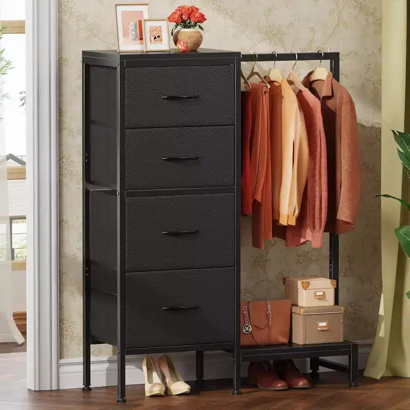 con asta appendiabiti, 4 cassetti Piccolo armadio per camera da letto, Comodino per bambini reversibile in tessuto con appendiabiti, Torre contenitore alta, 112 cm di altezza