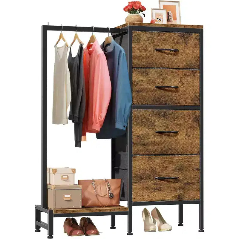 con asta appendiabiti, 4 cassetti Piccolo armadio per camera da letto, Comodino per bambini reversibile in tessuto con appendiabiti, Torre contenitore alta, 112 cm di altezza