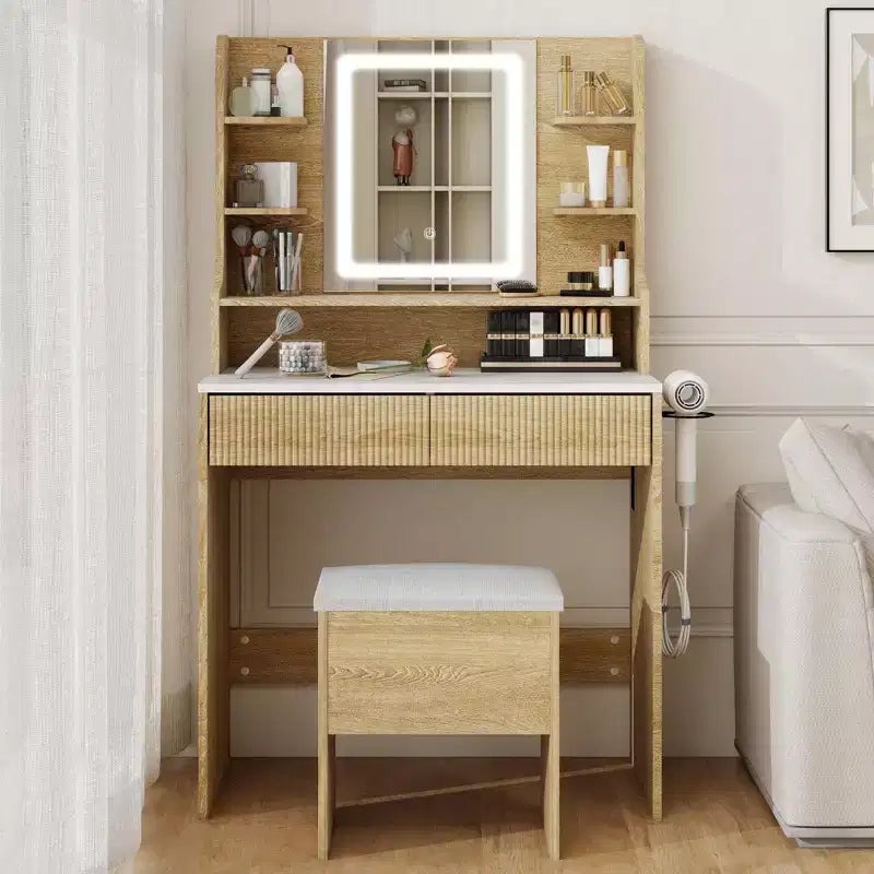 Scrivania con specchio e luci, toeletta da 80 cm con presa di corrente e sgabello contenitore