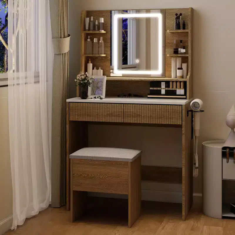 Scrivania con specchio e luci, toeletta da 80 cm con presa di corrente e sgabello contenitore