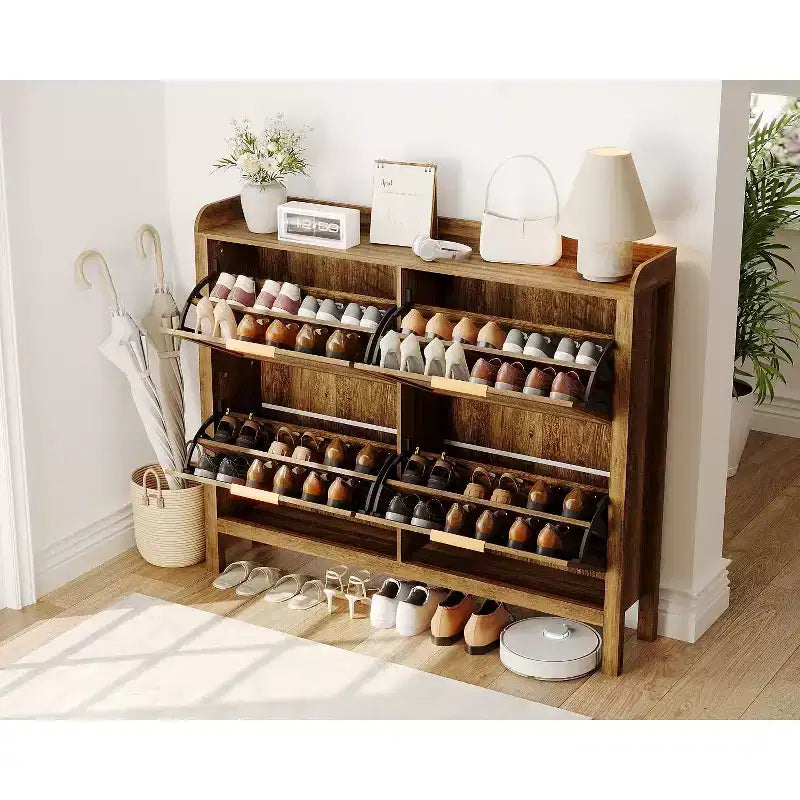 47 Mobile scarpiera in Rattan stile Rustico, Organizzatore per Ingresso Boho con 4 Cassetti a Ribalta, Ripiani Regolabili e Maniglie Nascoste, Scarpiera Stretta Indipendente