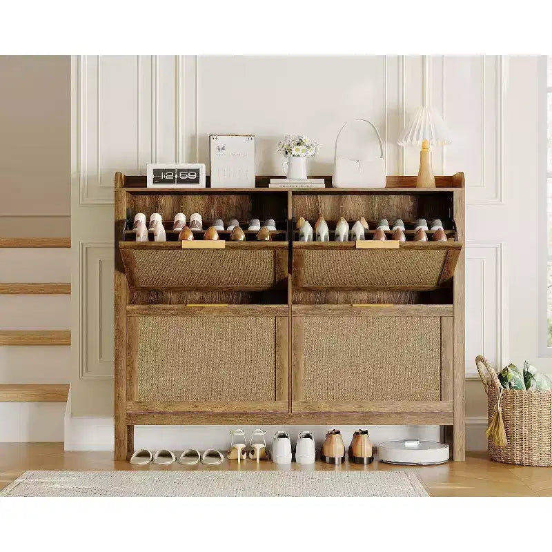 47 Mobile scarpiera in Rattan stile Rustico, Organizzatore per Ingresso Boho con 4 Cassetti a Ribalta, Ripiani Regolabili e Maniglie Nascoste, Scarpiera Stretta Indipendente