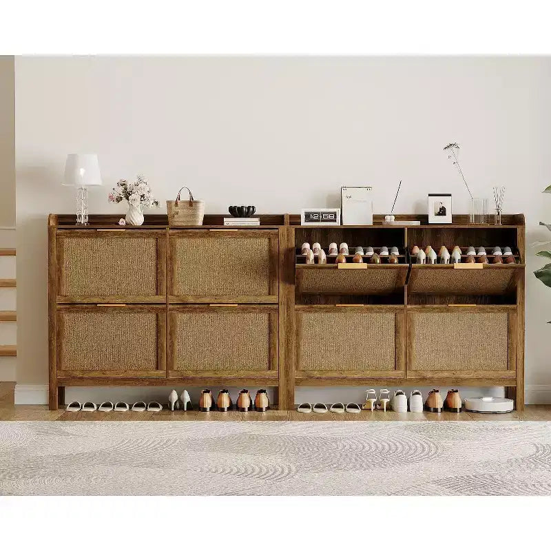 47 Mobile scarpiera in Rattan stile Rustico, Organizzatore per Ingresso Boho con 4 Cassetti a Ribalta, Ripiani Regolabili e Maniglie Nascoste, Scarpiera Stretta Indipendente