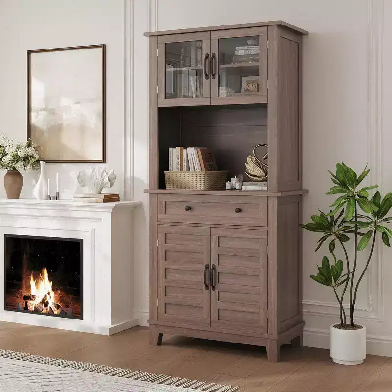 Mobile dispensa da cucina alto 72 pollici, Credenza da cucina con portamicroonde, Armadio con cassetti e ante in vetro per sala da pranzo, soggiorno