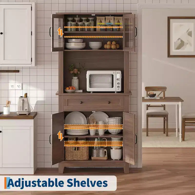 Mobile dispensa da cucina alto 72 pollici, Credenza da cucina con portamicroonde, Armadio con cassetti e ante in vetro per sala da pranzo, soggiorno