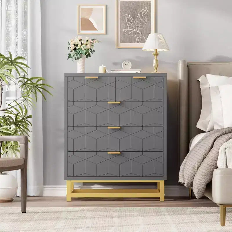 per camera da letto, comò nero a 5 cassetti con gambe in metallo, ampio organizer moderno per soggiorno e ingresso