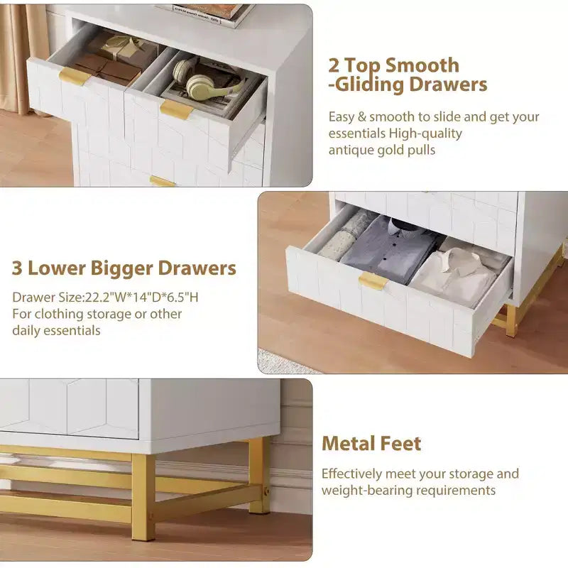per camera da letto, comò nero a 5 cassetti con gambe in metallo, ampio organizer moderno per soggiorno e ingresso