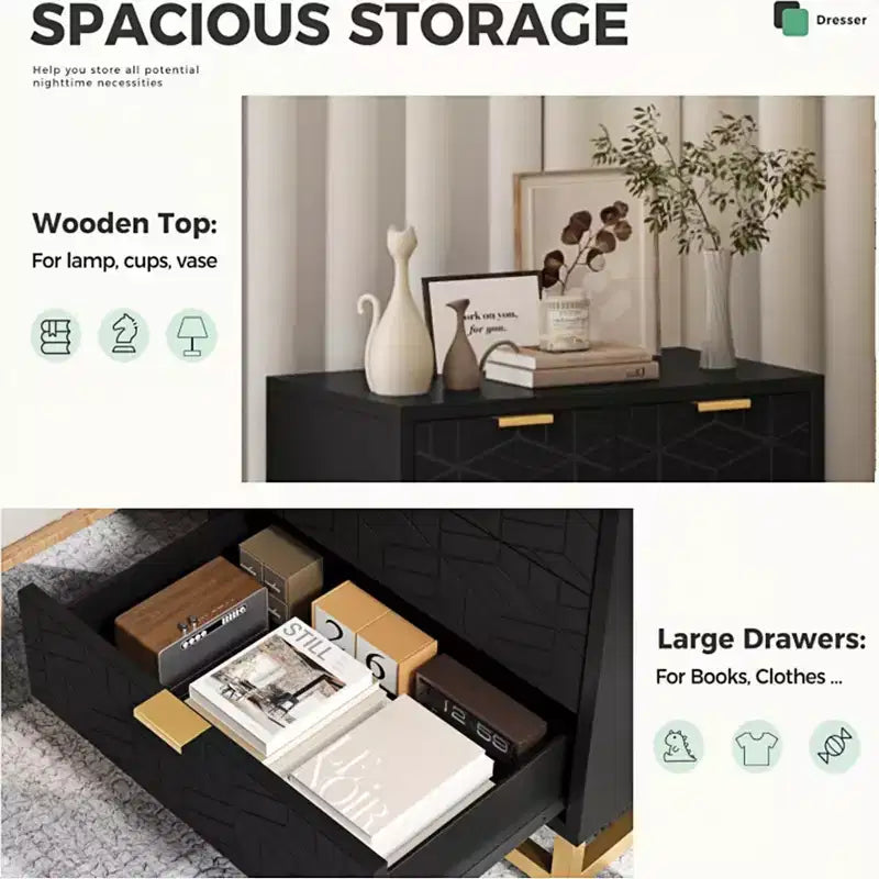 per camera da letto, comò nero a 5 cassetti con gambe in metallo, ampio organizer moderno per soggiorno e ingresso