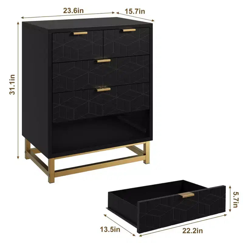 per camera da letto, comò nero a 5 cassetti con gambe in metallo, ampio organizer moderno per soggiorno e ingresso