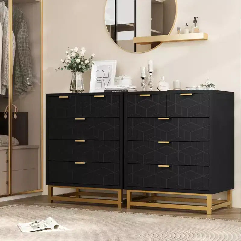 per camera da letto, comò nero a 5 cassetti con gambe in metallo, ampio organizer moderno per soggiorno e ingresso