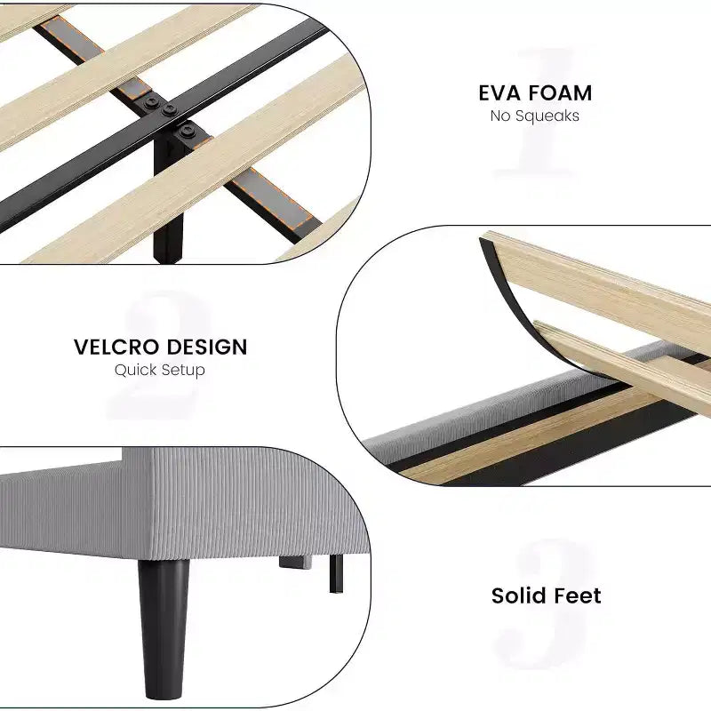 Struttura letto con testiera e alette laterali, in velluto beige con strisce verticali, 2 tasche portaoggetti e robusto supporto con doghe in legno