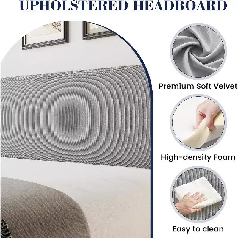 Struttura letto con testiera e alette laterali, in velluto beige con strisce verticali, 2 tasche portaoggetti e robusto supporto con doghe in legno