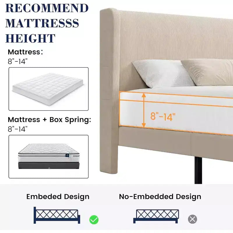 Struttura letto con testiera e alette laterali, in velluto beige con strisce verticali, 2 tasche portaoggetti e robusto supporto con doghe in legno