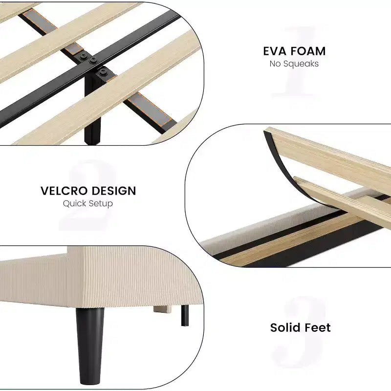 Struttura letto con testiera e alette laterali, in velluto beige con strisce verticali, 2 tasche portaoggetti e robusto supporto con doghe in legno
