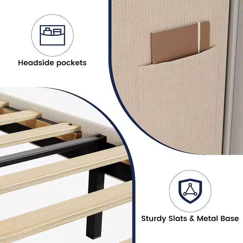 Struttura letto con testiera e alette laterali, in velluto beige con strisce verticali, 2 tasche portaoggetti e robusto supporto con doghe in legno