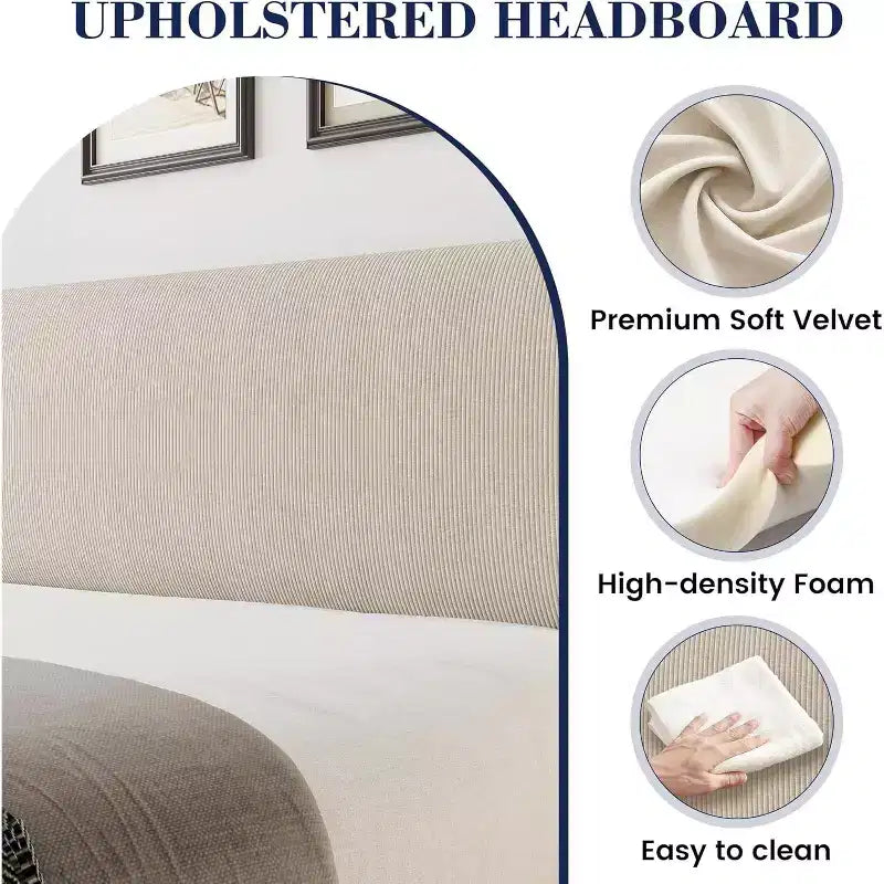 Struttura letto con testiera e alette laterali, in velluto beige con strisce verticali, 2 tasche portaoggetti e robusto supporto con doghe in legno