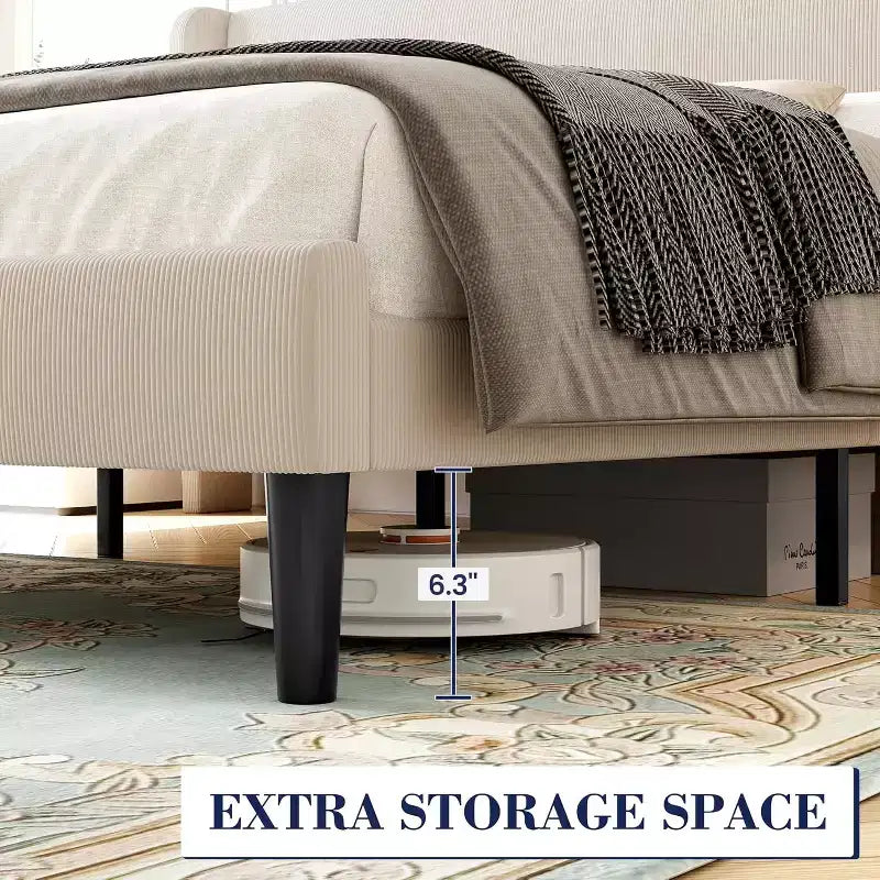 Struttura letto con testiera e alette laterali, in velluto beige con strisce verticali, 2 tasche portaoggetti e robusto supporto con doghe in legno