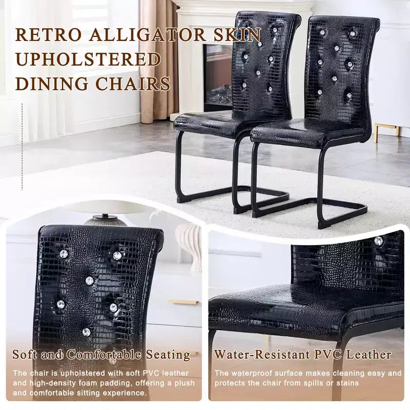 Set di 2 sedie da pranzo retrò imbottite effetto pelle di alligatore con gambe in metallo nero