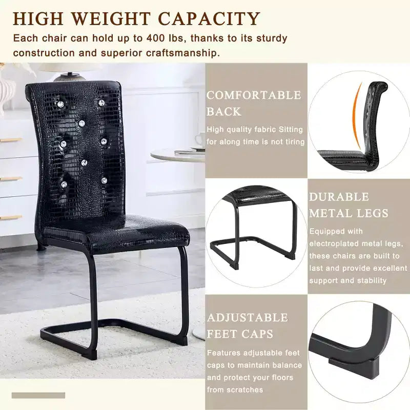 Set di 2 sedie da pranzo retrò imbottite effetto pelle di alligatore con gambe in metallo nero