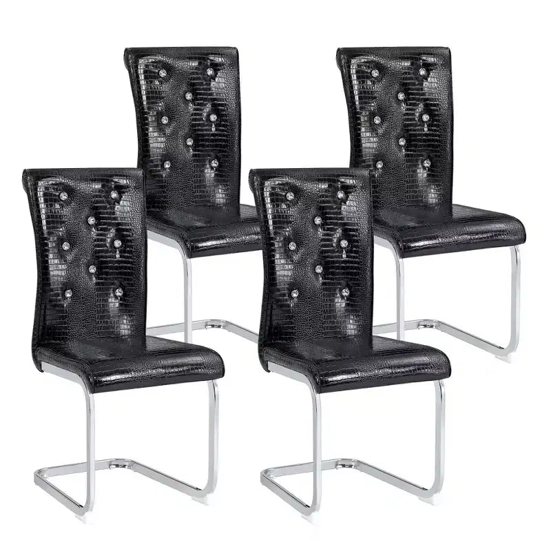 Set di 4 sedie da pranzo retrò imbottite con motivo a pelle di alligatore e dettagli con fibbie in cristallo, gambe in metallo elettrolitico