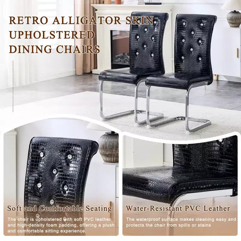 Set di 4 sedie da pranzo retrò imbottite con motivo a pelle di alligatore e dettagli con fibbie in cristallo, gambe in metallo elettrolitico