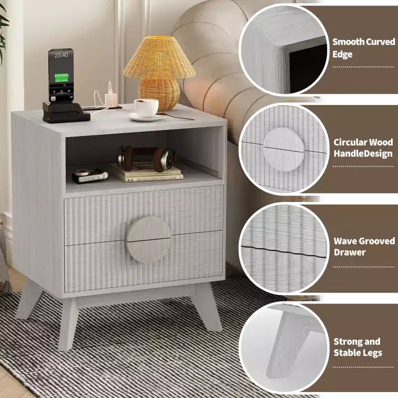 Comodino moderno scanalato, Comodino in legno, Tavolino, Cassetti e ripiano portaoggetti per soggiorno e camera da letto