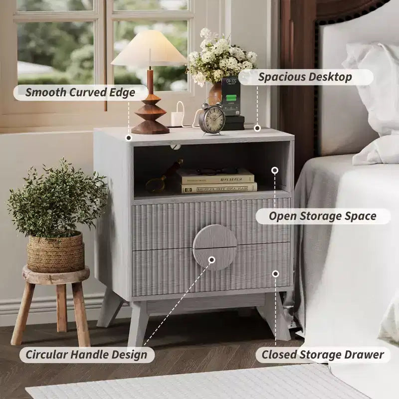 Comodino moderno scanalato, Comodino in legno, Tavolino, Cassetti e ripiano portaoggetti per soggiorno e camera da letto