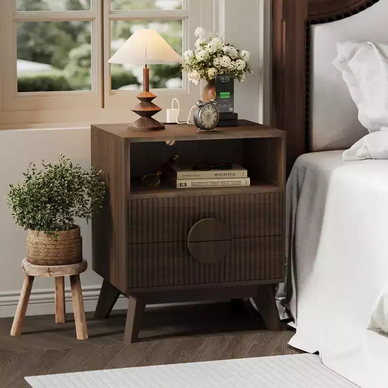 Comodino moderno scanalato, Comodino in legno, Tavolino, Cassetti e ripiano portaoggetti per soggiorno e camera da letto