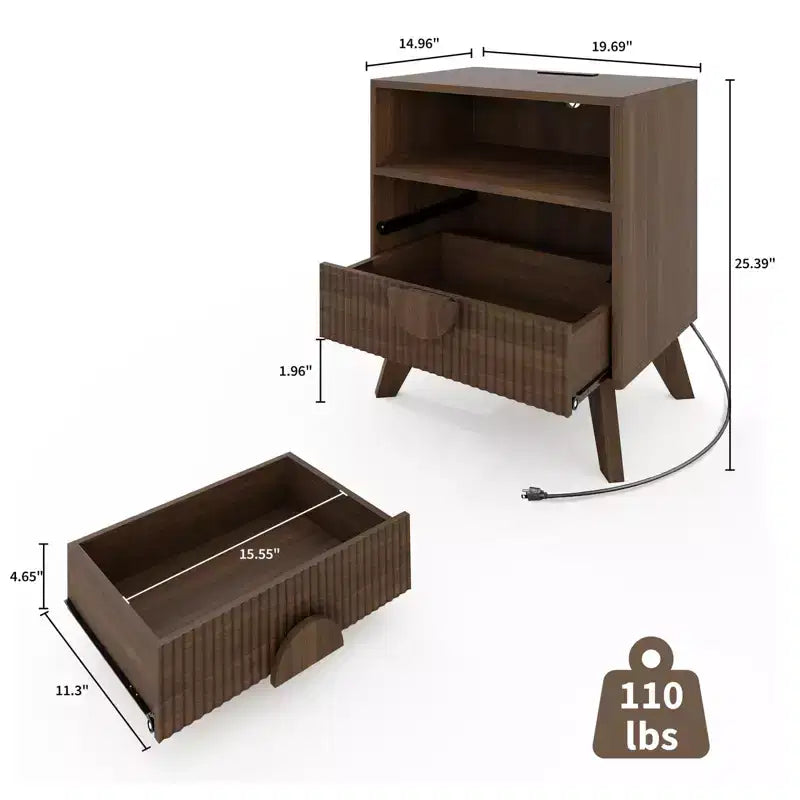 Comodino moderno scanalato, Comodino in legno, Tavolino, Cassetti e ripiano portaoggetti per soggiorno e camera da letto