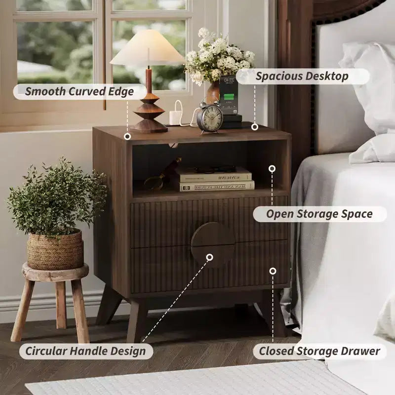 Comodino moderno scanalato, Comodino in legno, Tavolino, Cassetti e ripiano portaoggetti per soggiorno e camera da letto