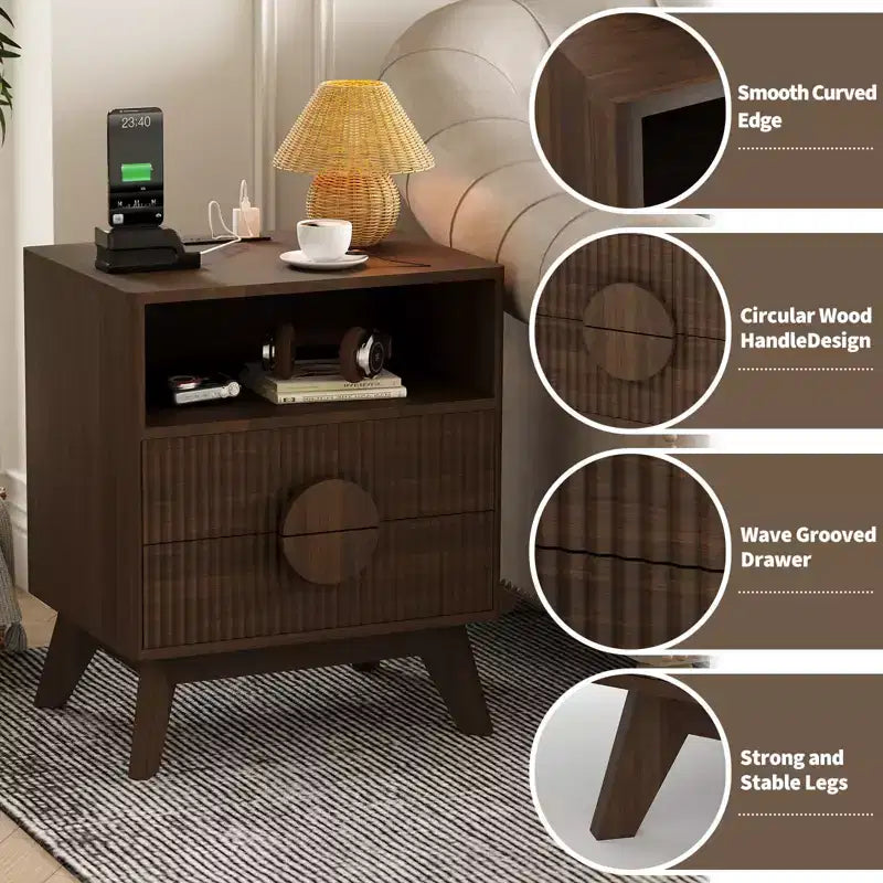 Comodino moderno scanalato, Comodino in legno, Tavolino, Cassetti e ripiano portaoggetti per soggiorno e camera da letto