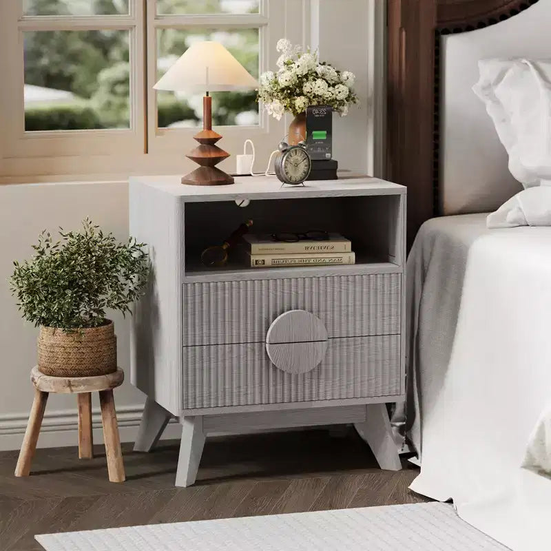 Comodino moderno scanalato, Comodino in legno, Tavolino, Cassetti e ripiano portaoggetti per soggiorno e camera da letto