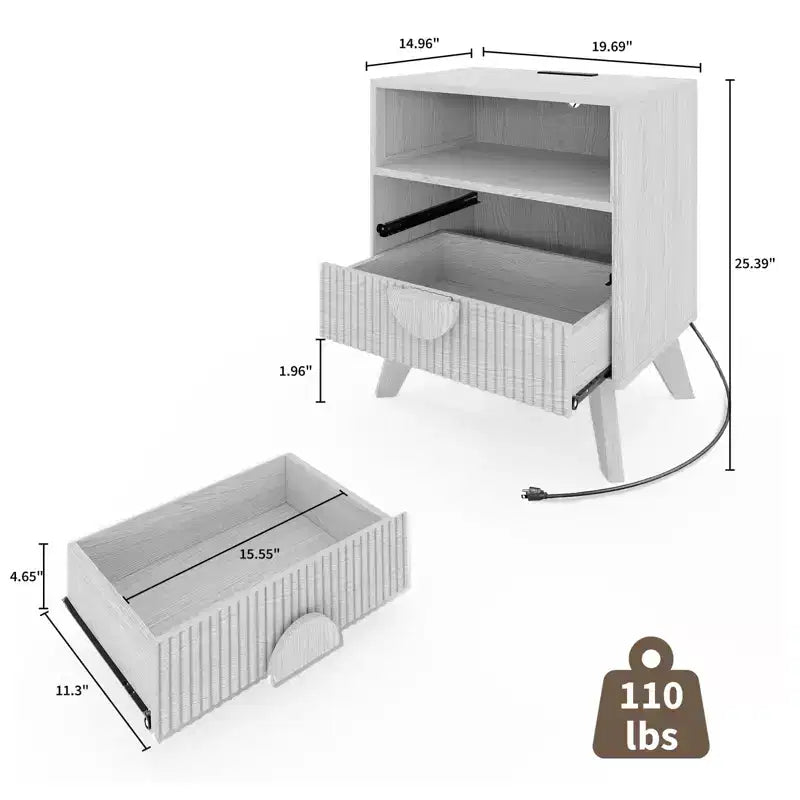 Comodino moderno scanalato, Comodino in legno, Tavolino, Cassetti e ripiano portaoggetti per soggiorno e camera da letto