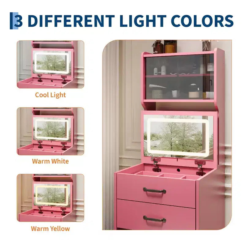 Toeletta 3 in 1 con Specchio a Scomparsa e Luci, Set Trucco Compatto con Sgabello Contenitore, Tavolo da Trucco Piccolo per Camera da Letto, Nero