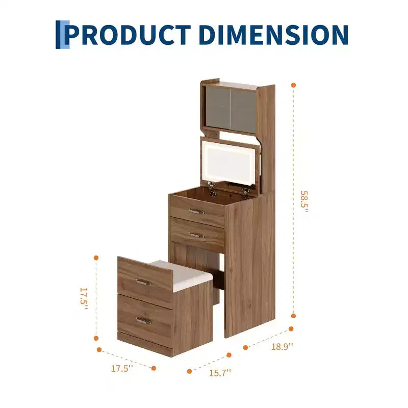 Toeletta 3 in 1 con Specchio a Scomparsa e Luci, Set Trucco Compatto con Sgabello Contenitore, Tavolo da Trucco Piccolo per Camera da Letto, Nero