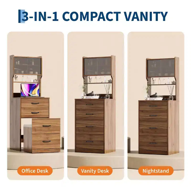 Toeletta 3 in 1 con Specchio a Scomparsa e Luci, Set Trucco Compatto con Sgabello Contenitore, Tavolo da Trucco Piccolo per Camera da Letto, Nero
