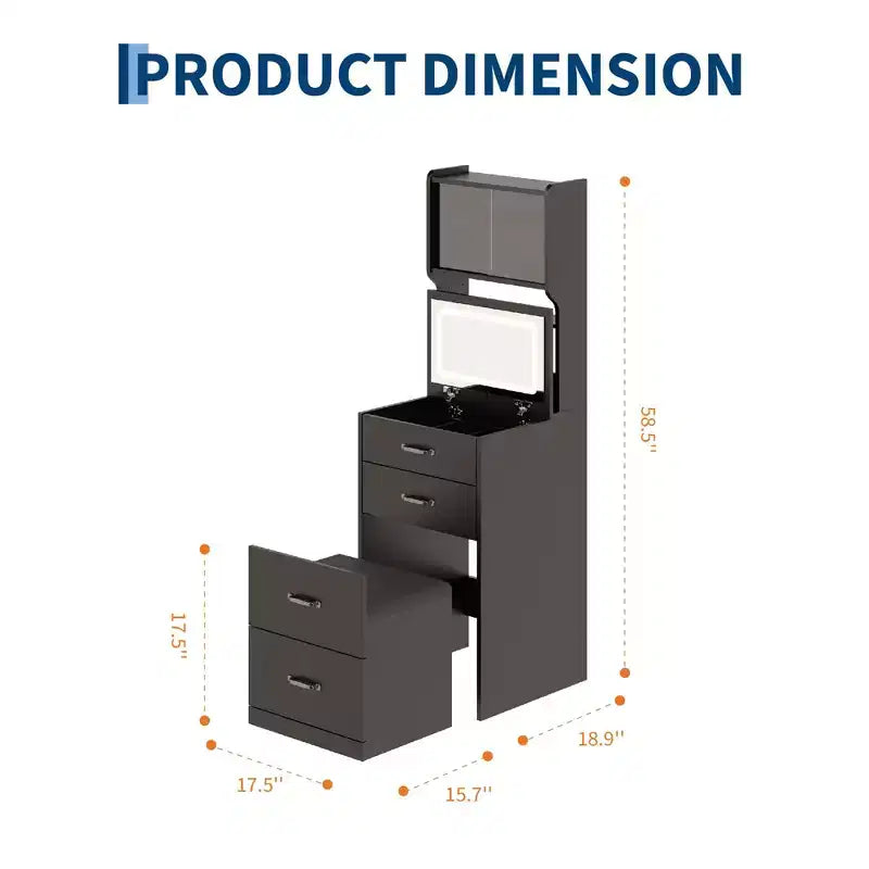 Toeletta 3 in 1 con Specchio a Scomparsa e Luci, Set Trucco Compatto con Sgabello Contenitore, Tavolo da Trucco Piccolo per Camera da Letto, Nero