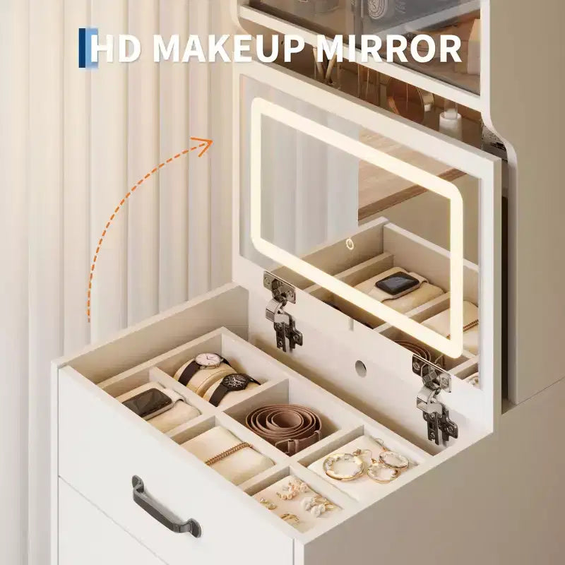 Toeletta 3 in 1 con Specchio a Scomparsa e Luci, Set Trucco Compatto con Sgabello Contenitore, Tavolo da Trucco Piccolo per Camera da Letto, Nero