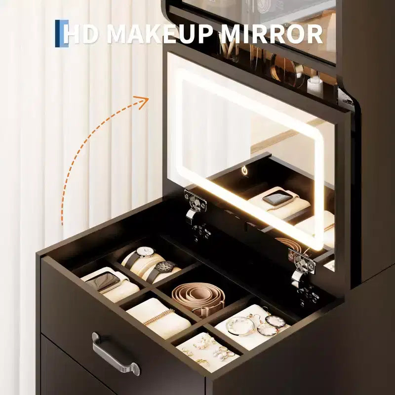 Toeletta 3 in 1 con Specchio a Scomparsa e Luci, Set Trucco Compatto con Sgabello Contenitore, Tavolo da Trucco Piccolo per Camera da Letto, Nero