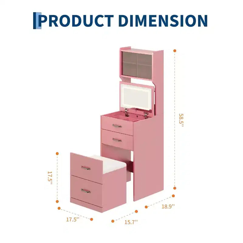 Toeletta 3 in 1 con Specchio a Scomparsa e Luci, Set Trucco Compatto con Sgabello Contenitore, Tavolo da Trucco Piccolo per Camera da Letto, Nero