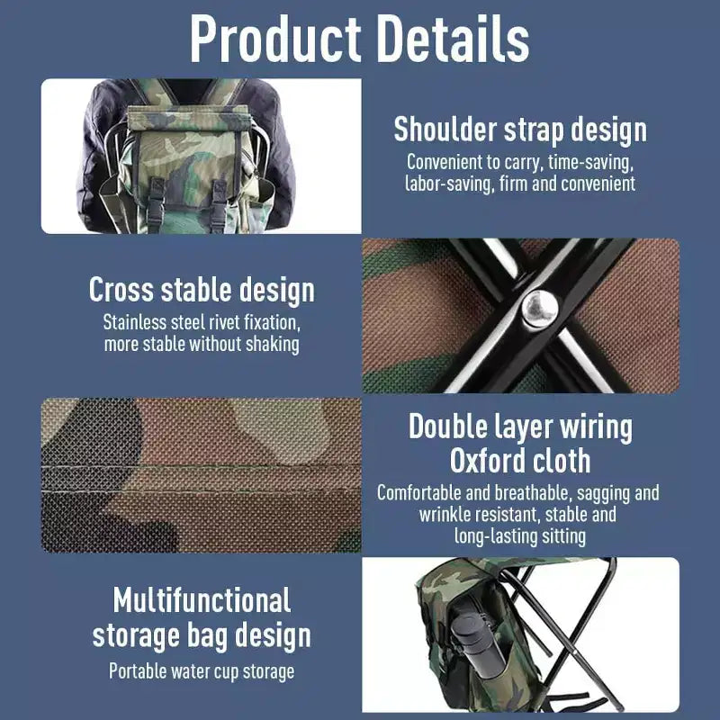 Sedia Zaino Portatile Pieghevole per Alpinismo e Pesca, Sgabello in Tessuto Oxford con Carico Massimo 100 kg per Campeggio, Escursionismo e Viaggi