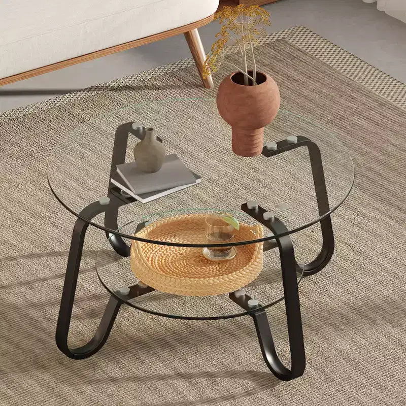 Tavolino da caffè retrò minimalista con struttura in metallo e doppio ripiano in vetro temperato, dimensioni 80x80x45 cm